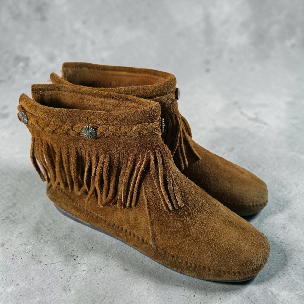 Minnetonka Womens Size 8 Hi Top Back Zip Fringe Western Bootie Shoes Brown Suede